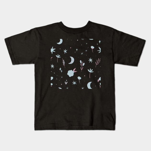 Pastel Moon Star Plants Repeating Pattern Kids T-Shirt by DesignIndex